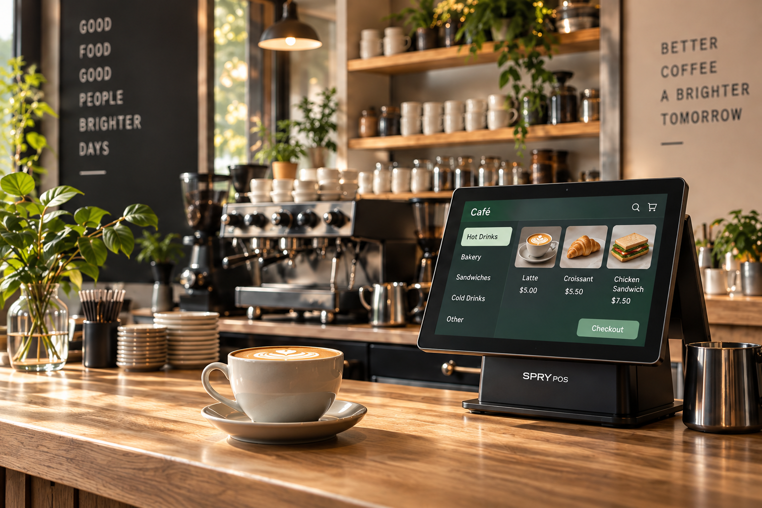 配有咖啡与 SPRY POS 终端的咖啡店柜台